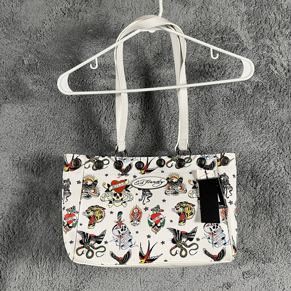 Ed Hardy Tote Bag Womens White All Over Tattoo Print Double Handles Zip Closure